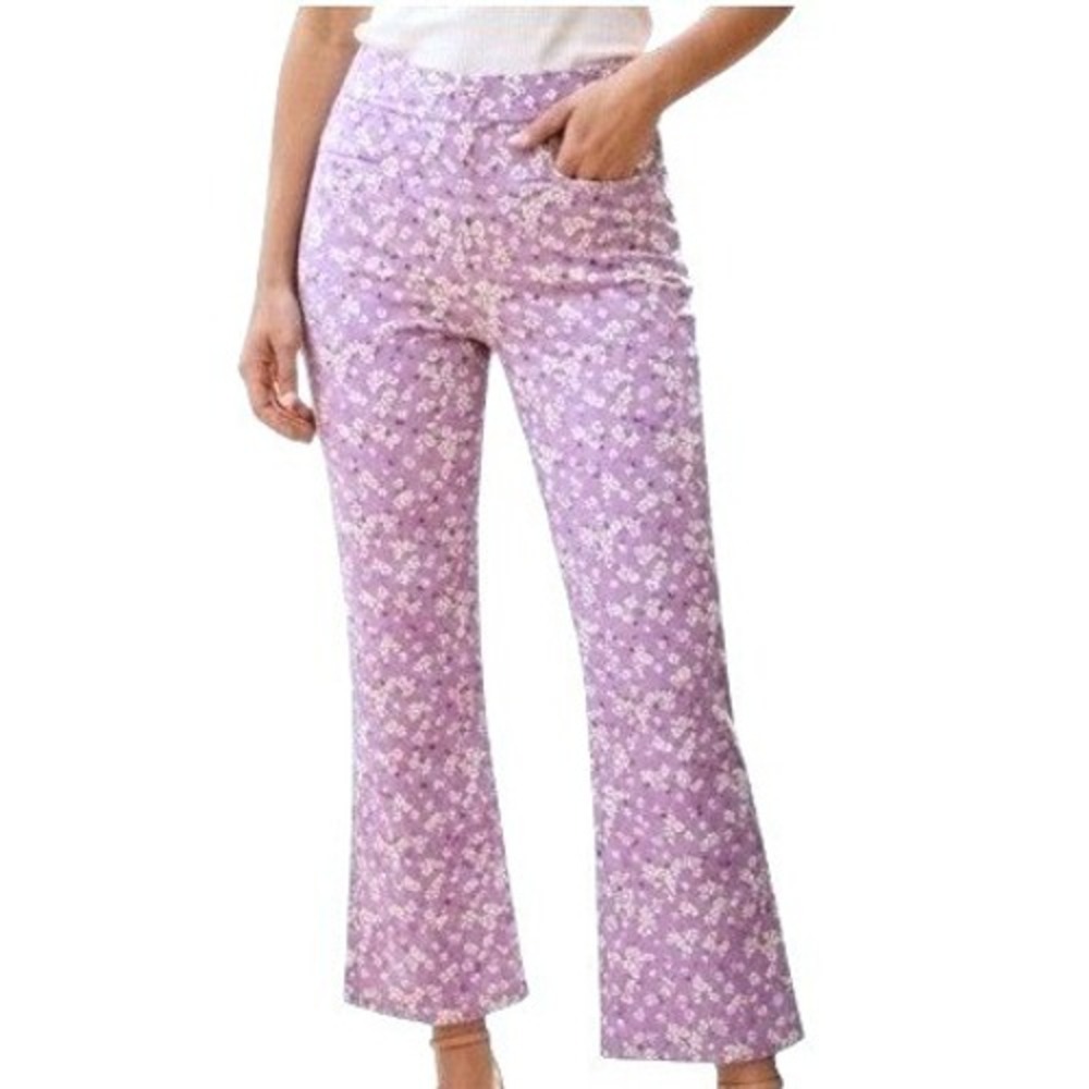 ZARA Women's Large Purple White Daisy Floral High Rise Flare Crop Pants Trousers